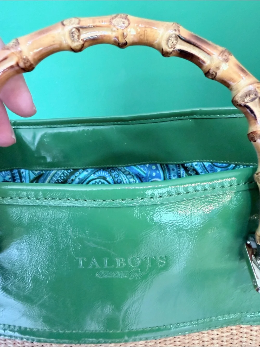Talbots Woven Straw Tote Bamboo Handles Green Trim Coastal Resort Beach Bag